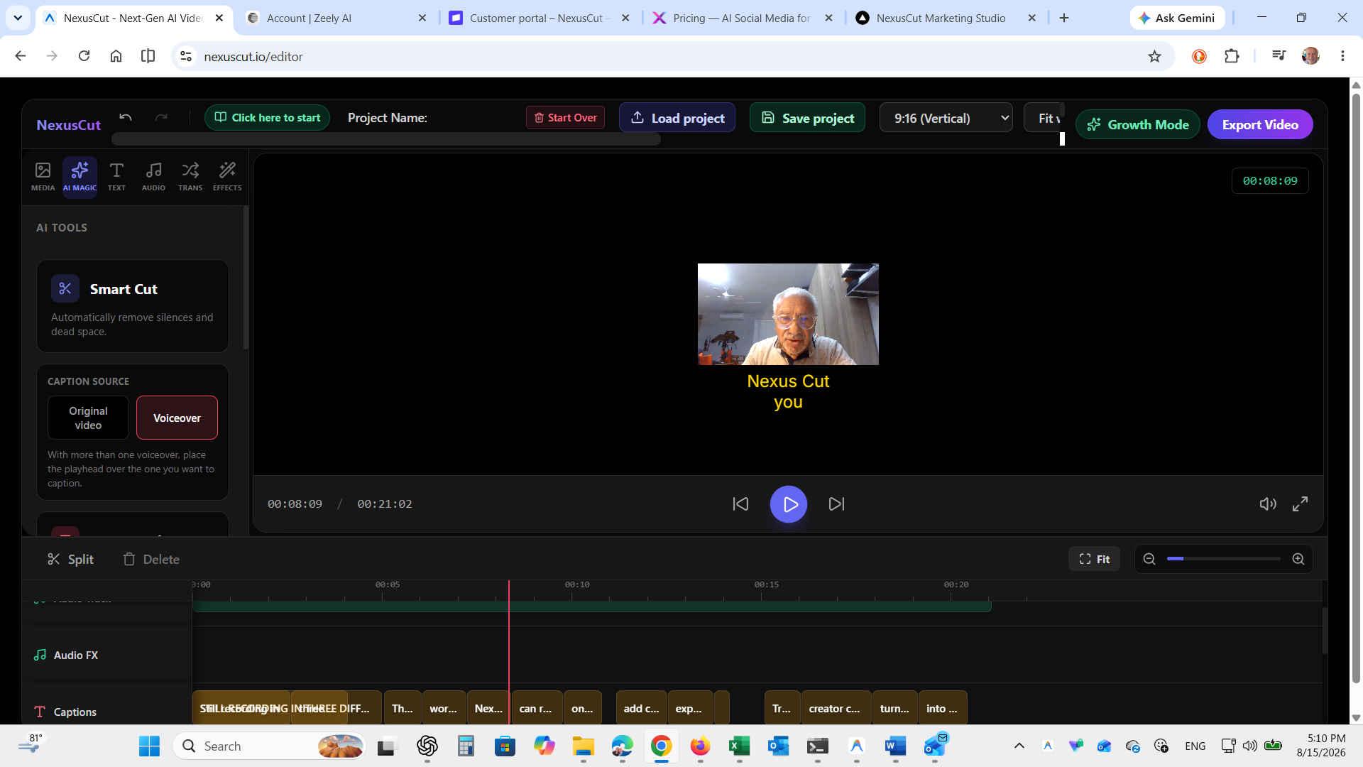 NexusCut browser editor with its multi-track timeline, captions, and editing tools visible.